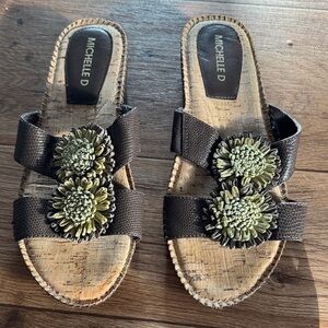 Michelle D Black Sandals with Green Floral Accents